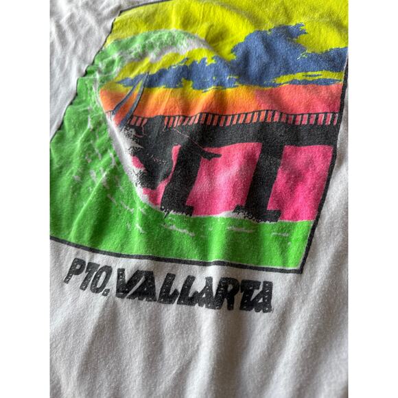 Vintage Neon Puerto Vallarta Single Stitched Poncho's XL White Surf T-Shirt - Picture 3 of 6